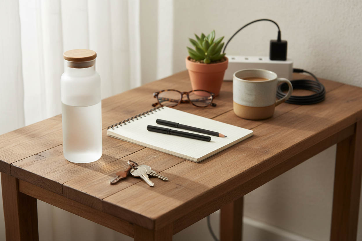 Everyday utility items arranged neatly in a real-life setting