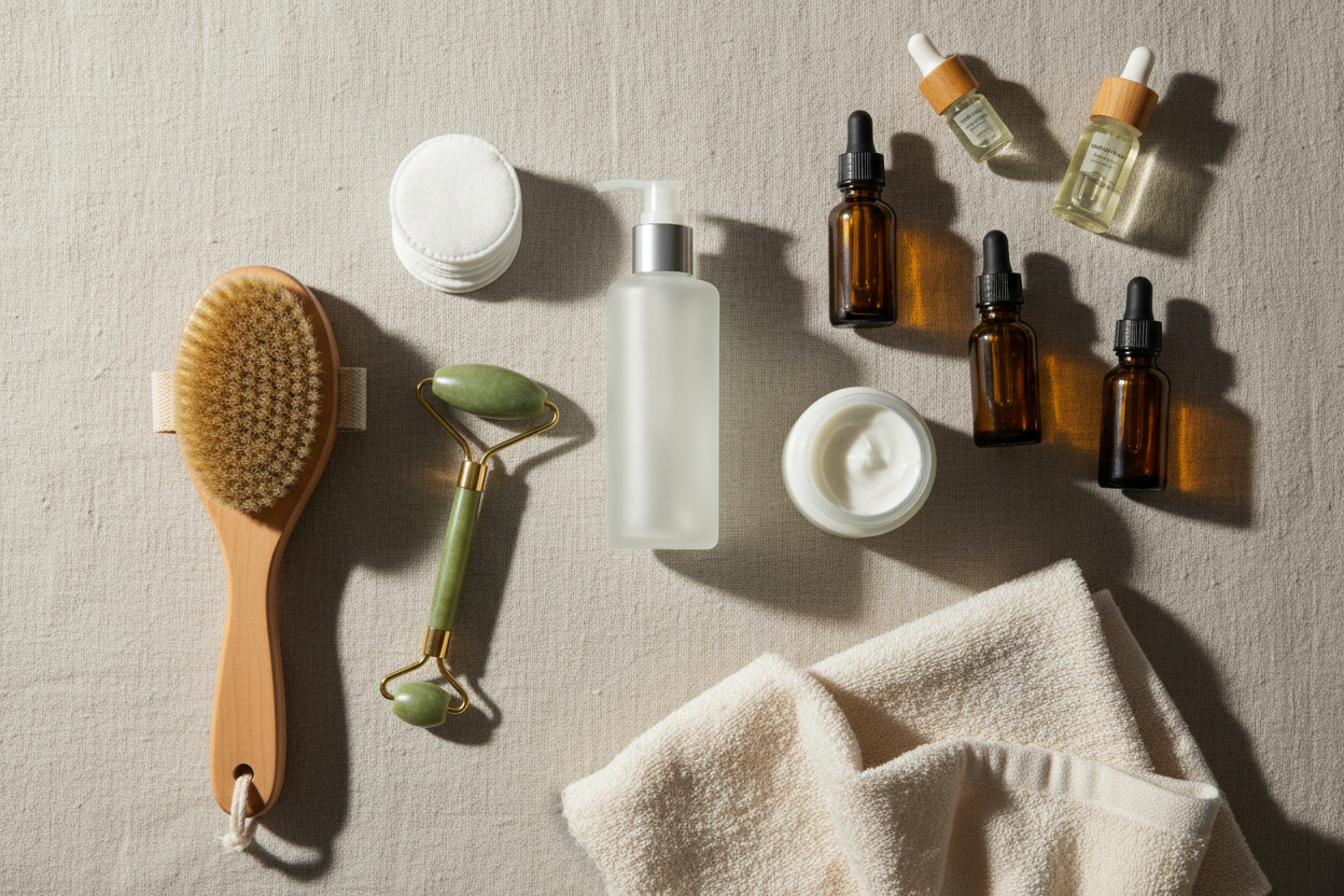 Flat-lay of personal care essentials on a light, neutral background